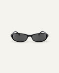 Face shot of Bonnie Clyde Coco sunglasses in black with black lenses.