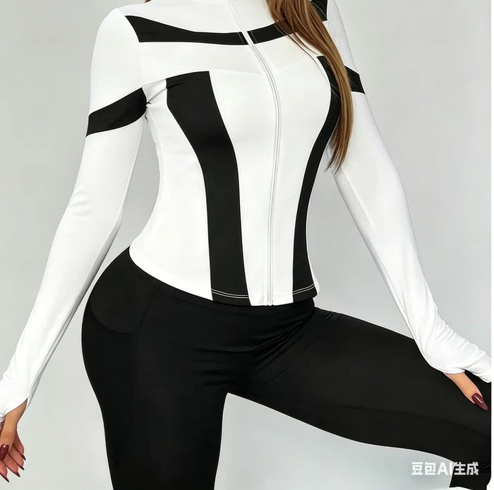 Color Block Zip-Up Long Sleeve Top