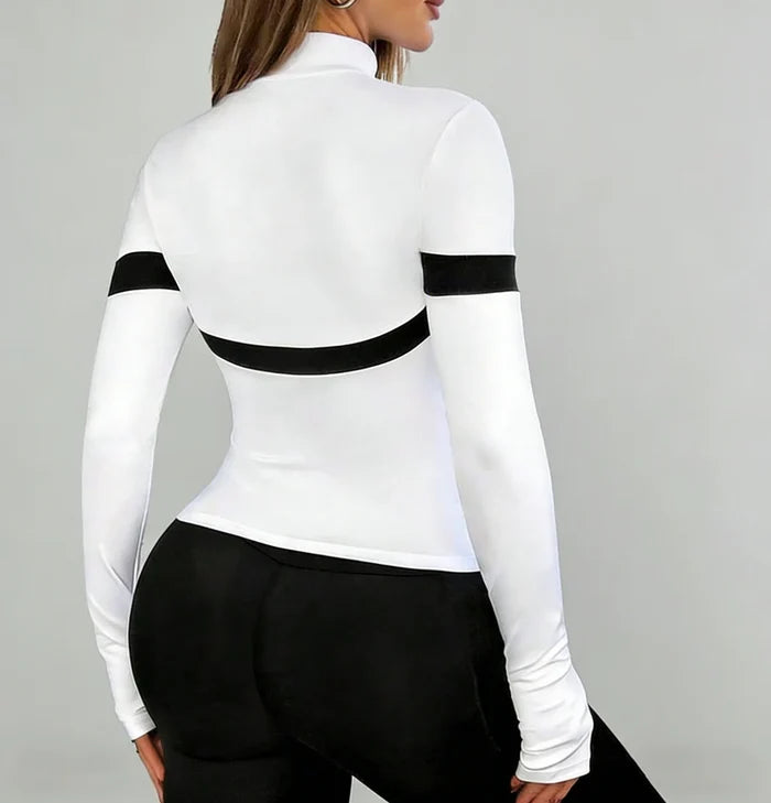 Color Block Zip-Up Long Sleeve Top