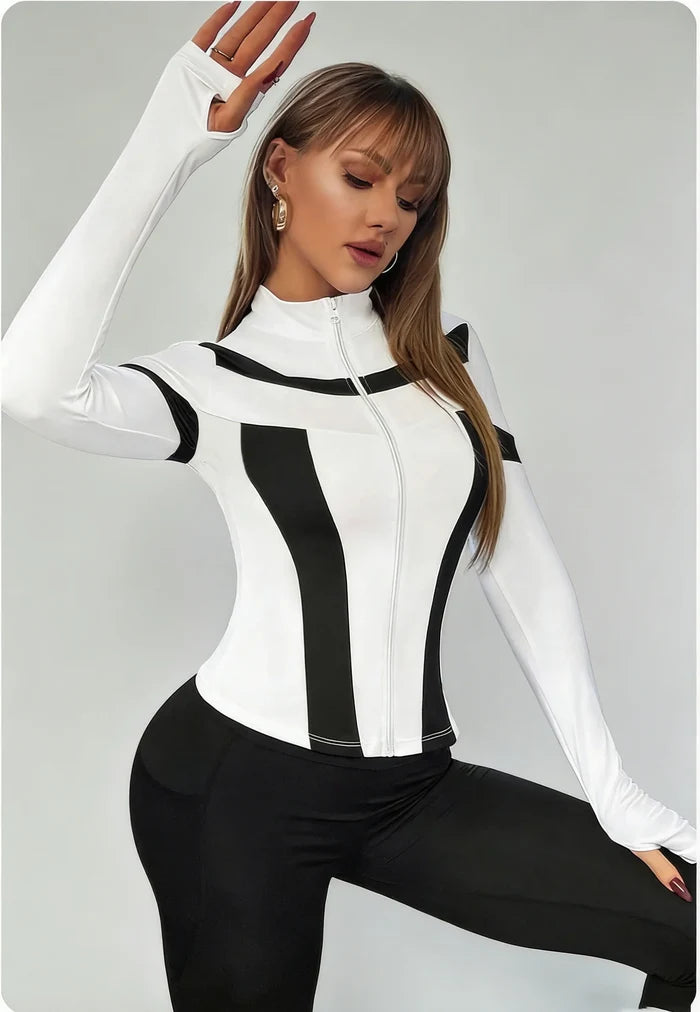 Color Block Zip-Up Long Sleeve Top