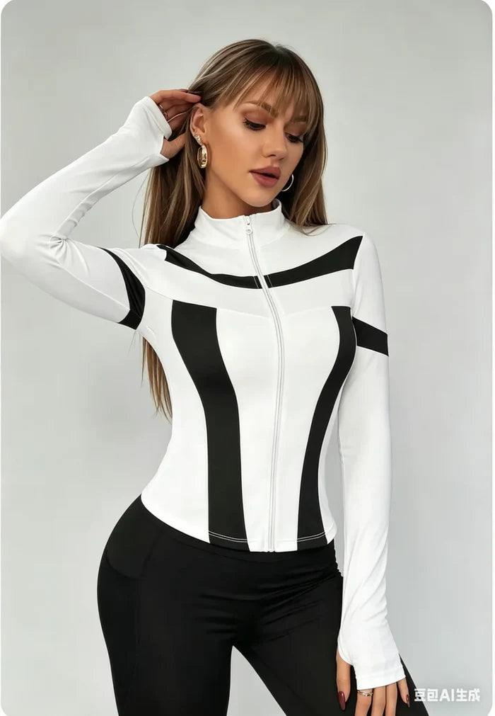 Color Block Zip-Up Long Sleeve Top