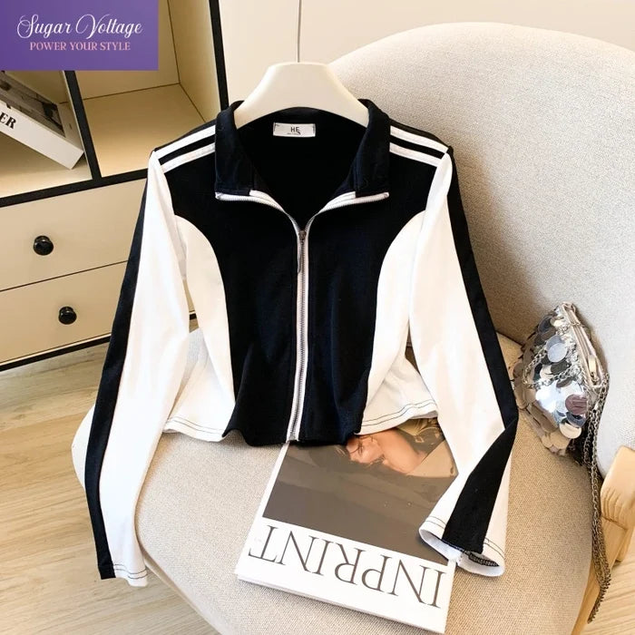 Color Block Zip-Up Stand Collar Top