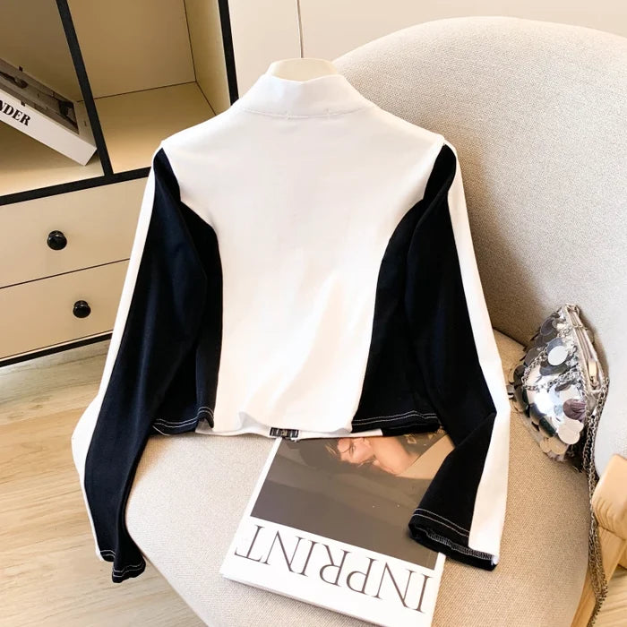 Color Block Zip-Up Stand Collar Top