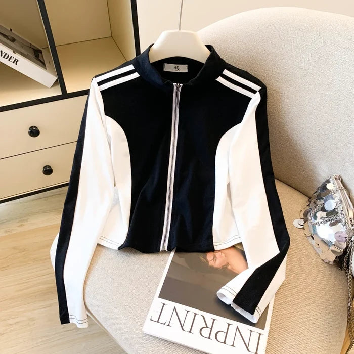 Color Block Zip-Up Stand Collar Top