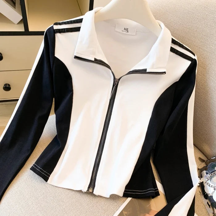 Color Block Zip-Up Stand Collar Top