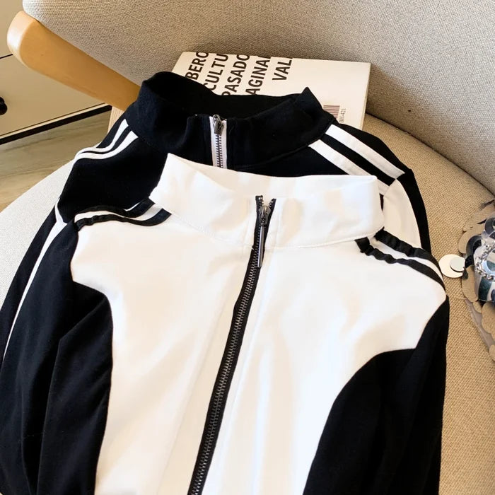 Color Block Zip-Up Stand Collar Top