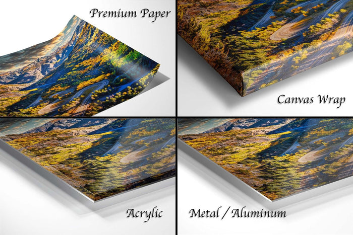 The image is a collage of four different types of printed materials, including a premium paper, a canvas wrap, an acrylic, and a metal/aluminum.