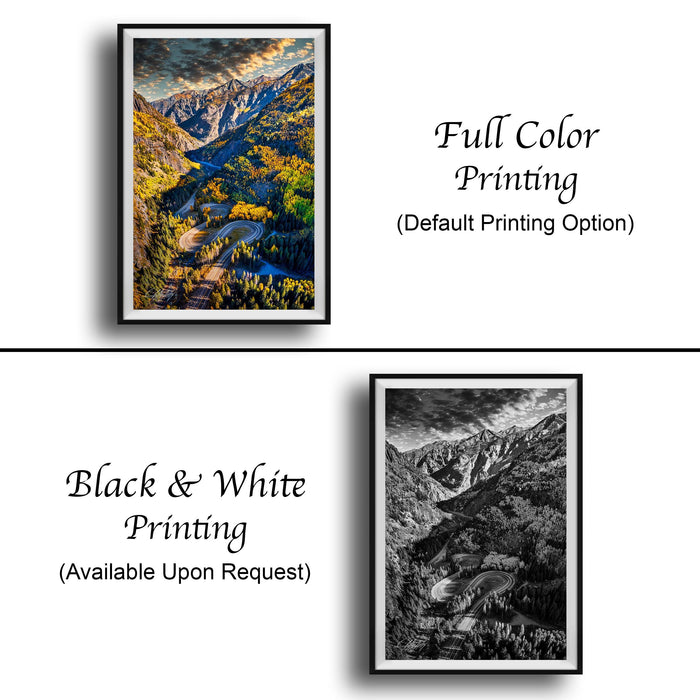 two framed pictures. The top picture is a full color print of a mountainous landscape, while the bottom picture is a black and white print of the same mountainous landscape. Both pictures are available upon request.