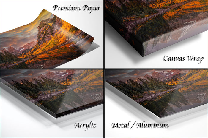 The image is a collage of four different views of a landscape photograph, including a close-up of the paper, a close-up of the canvas wrap, and a close-up of the metal or aluminum finish.