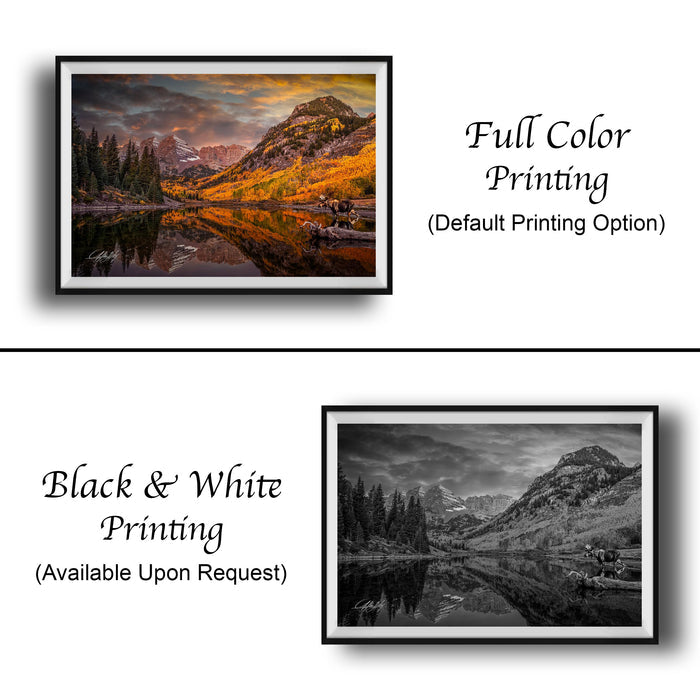 The image is a collage of two framed landscape photographs. The top photograph is a full color print, while the bottom photograph is a black and white print. Both images depict a scenic mountain landscape with a lake or river in the foreground. The top photograph is labeled "Full Color Printing" and the bottom photograph is labeled "Black & White Printing" and "Available Upon Request".