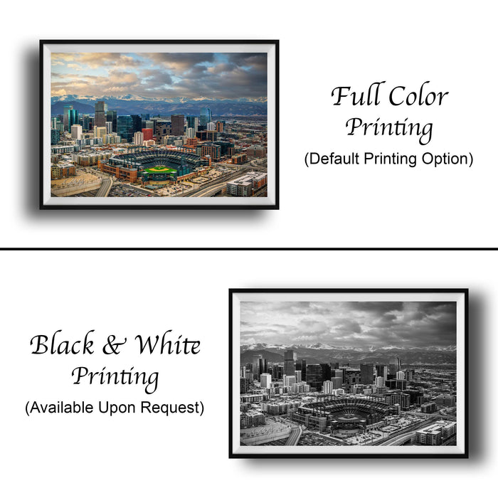 The image is a collage of two framed pictures. The top picture is a full color print of a city skyline, while the bottom picture is a black and white print of the same city skyline. Both pictures are framed and available upon request.