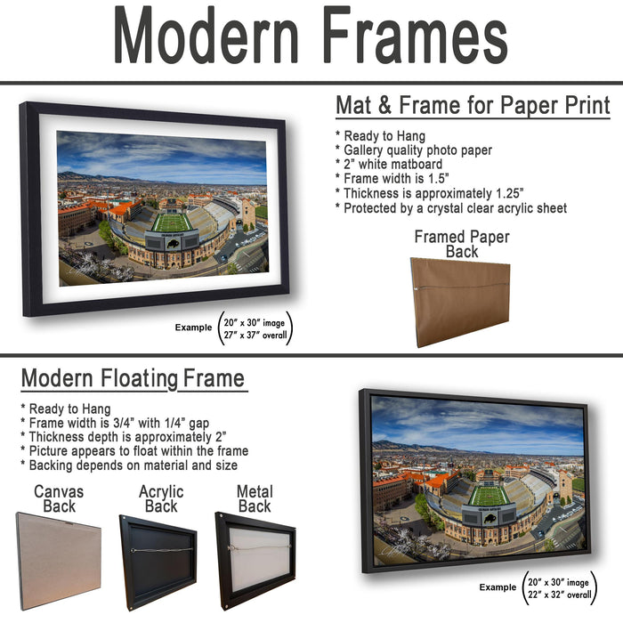 The image is a comparison of modern frames and floating frames for displaying photographs. It includes two examples of framed paper backings and two examples of framed paper backings, each with different materials and designs.