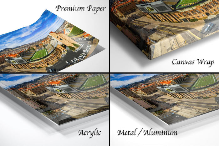 The image is a collage of four different views of a cityscape, each with a distinct perspective and angle. The collage includes a close-up view of the city's buildings, a panoramic view of the city skyline, a detailed view of the city's streets, and a high-angle view of the city's architecture. The collage is labeled as "Premium Paper", "Canvas Wrap", "Acrylic", and "Metal/Aluminum" to describe the materials used in the different views.