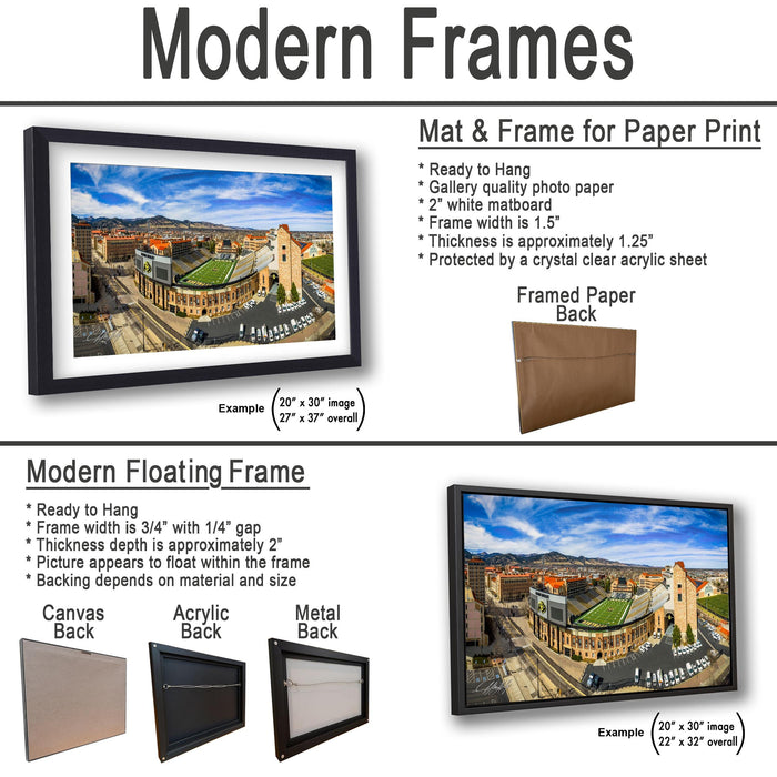 The image is a comparison of modern frames and floating frames for displaying photographs. It includes two examples of framed paper backings and two examples of framed paper backings, each with different materials and designs.