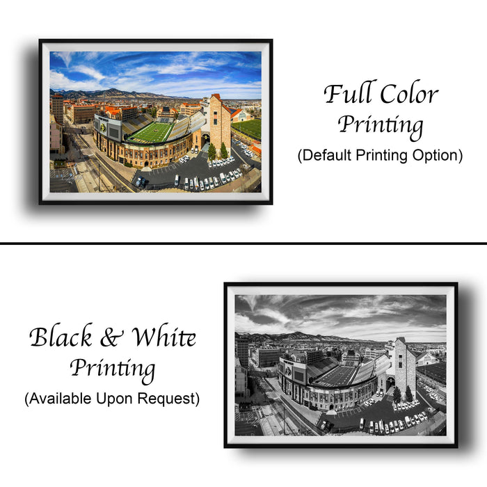The image is a collage of two framed pictures. The left frame shows a full color image of a cityscape, while the right frame is a black and white image of the same cityscape. The text below the images indicates that the full color printing is available upon request, and the black and white version is also available.
