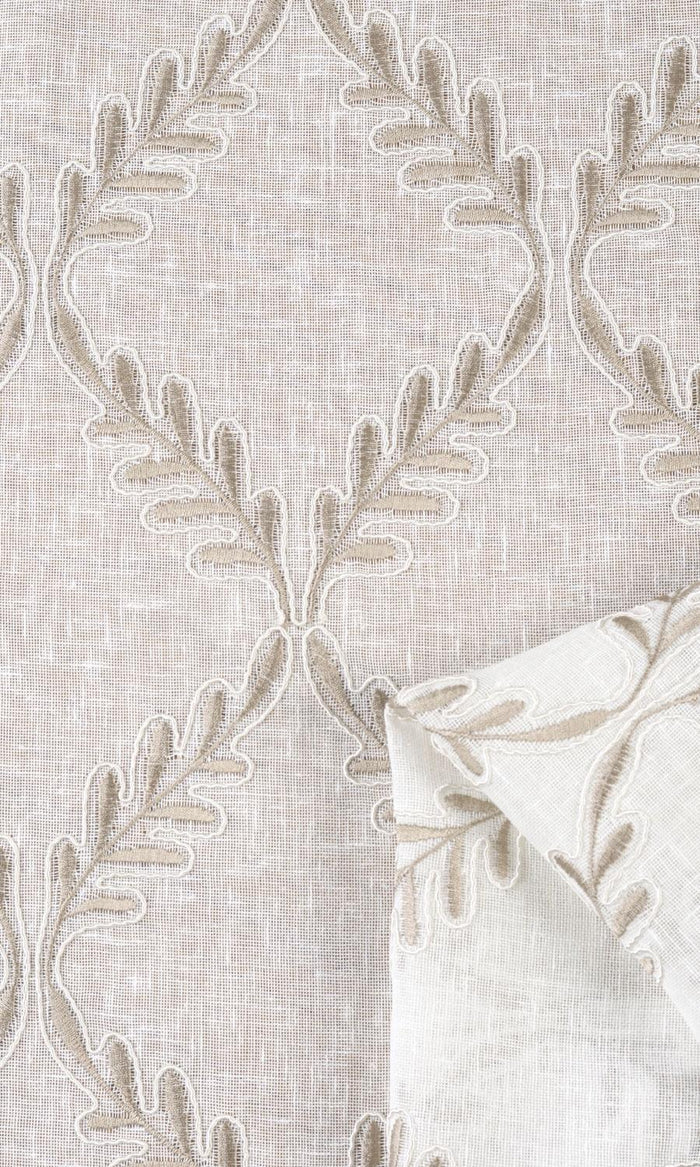 Sheer Floral Embroidered Window Treatments Fabric By the Metre (White/ Brown)