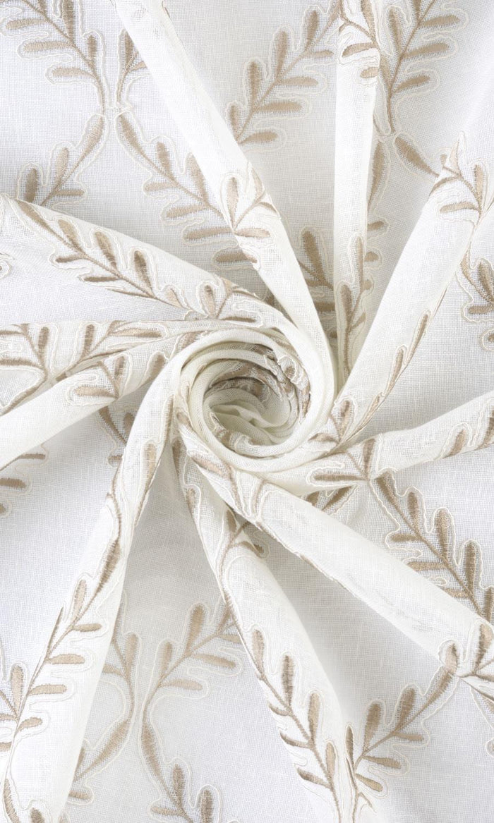 Sheer Floral Embroidered Fabric Material By the Metre (White/ Brown)
