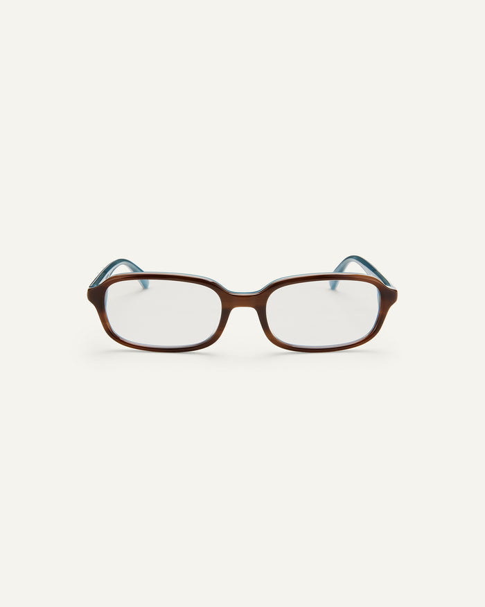 Face shot of Bonnie Clyde Comedy optical in teal demi.