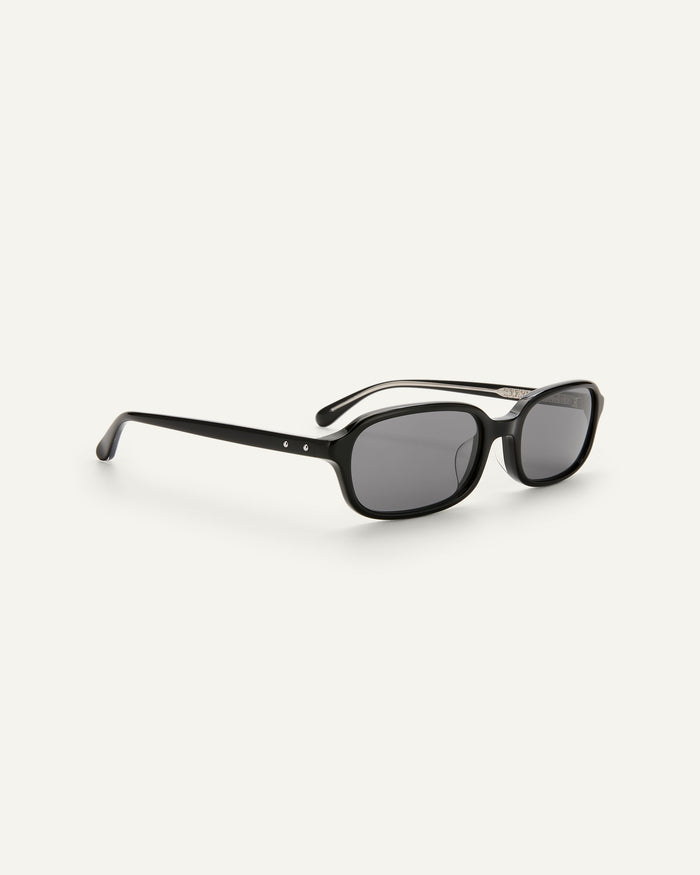 Quarter shot of Bonnie Clyde Comedy sunglasses in black.