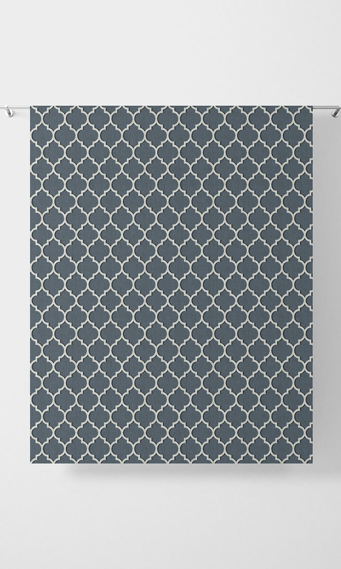 Trellis Tile Print Pinch Pleat, Rod Pocket, Eyelet Curtains (Petrol Blue/ White)