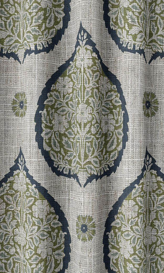 Paisley Pinch Pleat, Rod Pocket, Eyelet Curtains (Navy Blue/ Green)