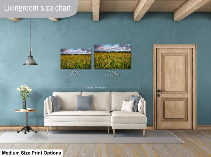 a living room with a white sofa, a wooden door, and a painting of a field of flowers hanging on the wall.