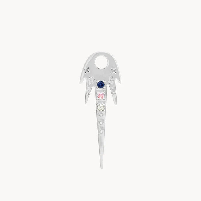 Front view of a Cosmic Wish Earring Charm in sterling silver with sapphire gemstones