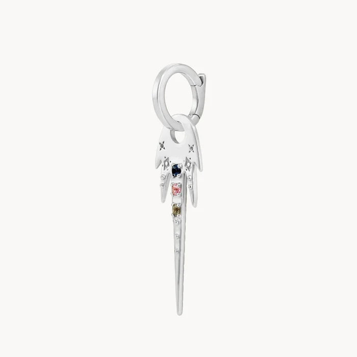 Side view of a Cosmic Wish Earring Charm in sterling silver with sapphire gemstones hung on a sterling silver charm holder