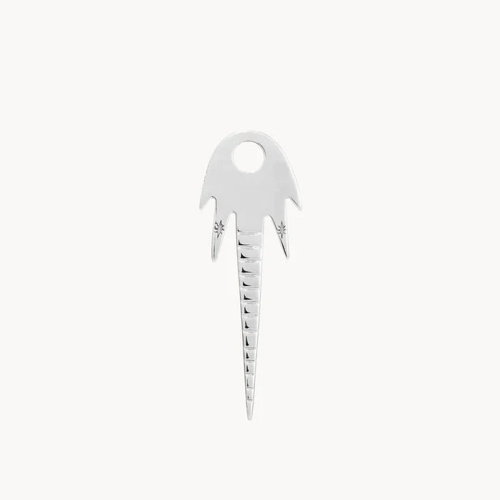Back view of a Cosmic Wish Earring Charm in sterling silver, smooth near the top and etched toward the bottom