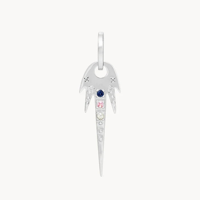 Front view of a Cosmic Wish Earring Charm in sterling silver with sapphire gemstones hung on a sterling silver charm holder