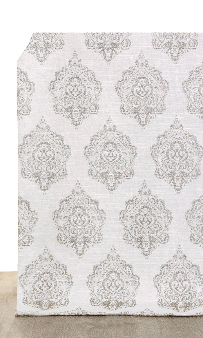 Damask Poly-Cotton Window Treatments Fabric By the Metre (Off White/ Gray)