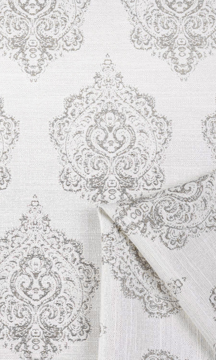 Damask Poly-Cotton Fabric By the Metre for Curtains & Drapes (Off White/ Gray)