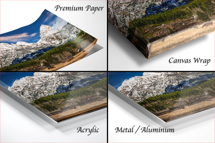 The image is a collage of four different images, each depicting a mountain landscape. The images are labeled as "Premium Paper", "Canvas Wrap", "Acrylic", and "Metal/Aluminum".