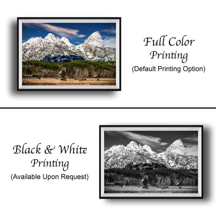 The image is a collage of two framed pictures. The top picture is a full color print of a mountain landscape, while the bottom picture is a black and white print of the same mountain landscape. Both pictures are framed and available upon request.