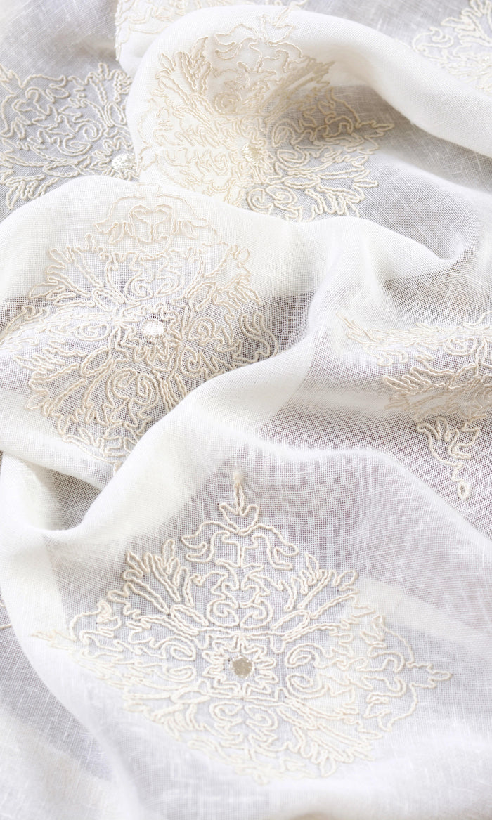 Sheer Floral Embroidered Home Textile Fabric Material By the Metre (White/ Cream)