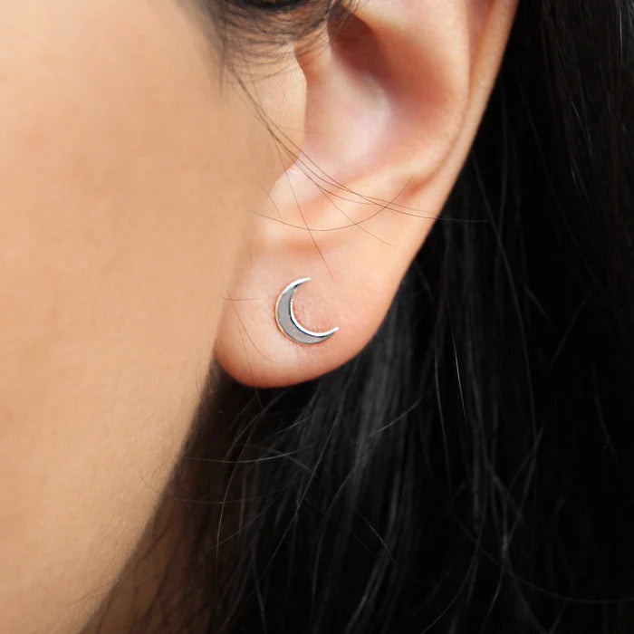 Crescent Moon Earring Silver in sterling silver, alternate angle detail view