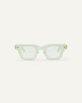 Face shot of Bonnie Clyde Crybaby optical frames in milky jade with clear lenses.