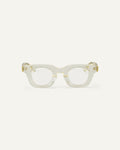 Face shot of Bonnie Clyde Crybaby optical frames in transparent yellow with clear lenses.