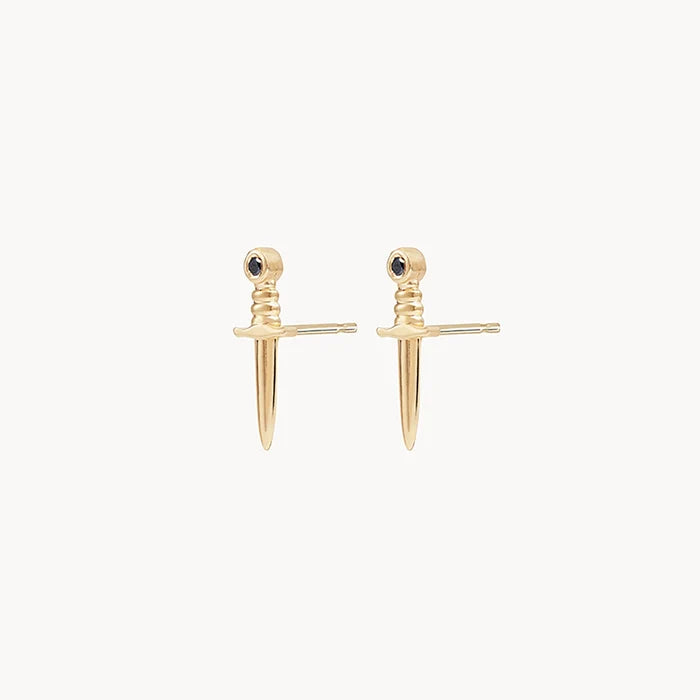Dagger Earring in 14k yellow gold with black diamond, studio detail view