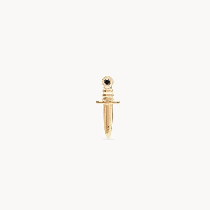 Dagger Earring in 14k yellow gold with black diamond, alternate angle detail view