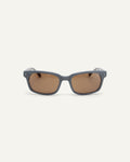 Face shot of Bonnie Clyde Dagger sunglasses in layered silver with brown lenses.