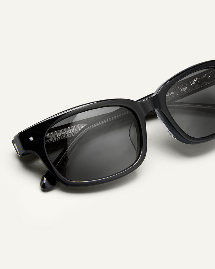 Additional view of Bonnie Clyde Dagger sunglasses in black with black lenses.