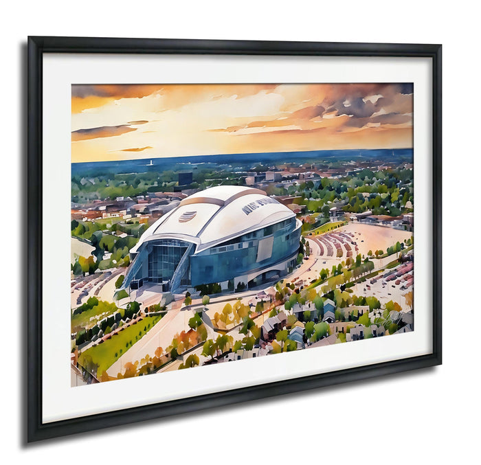 a large, curved stadium with a distinctive roof, surrounded by a lush, green landscape with trees and buildings in the distance.