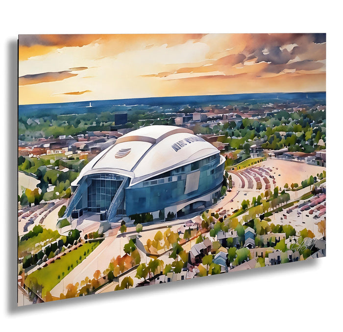 a large, curved stadium with a distinctive white roof, surrounded by a cityscape with buildings and greenery.