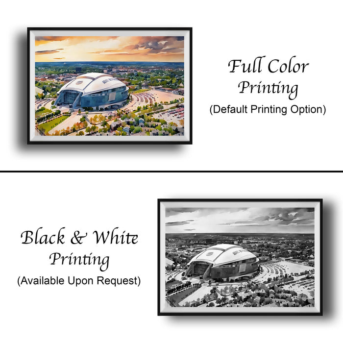 The image is a collage of two framed pictures. The top picture is a full-color print of a large stadium, while the bottom picture is a black and white print of the same stadium. Both pictures are framed and displayed side by side, with the top picture labeled as "Full Color Printing" and the bottom picture labeled as "Black & White Printing" and "Available Upon Request".