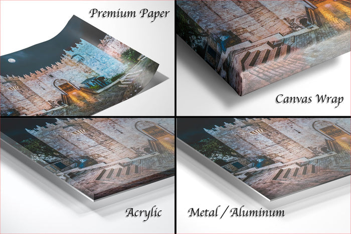 The image is a collage of four different views of a stone wall or castle, each with a distinct perspective and angle. The collage is labeled with the words "Premium Paper", "Canvas Wrap", "Acrylic", and "Metal/Aluminum", indicating the materials used for each viewing.