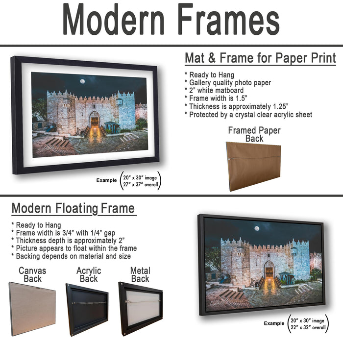 The image is a collage of two framed pictures, one of a castle and one of a castle at night. The collage features a variety of frame options, including a mat and frame for paper print, a modern floating frame, and a framed paper back. The images are described in detail, including their sizes and the materials used.