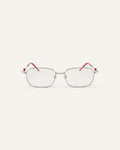 Face shot of Bonnie Clyde Dance Dance optical frames in silver and layered red with clear lenses.