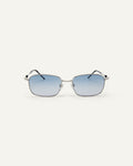 Face shot of Bonnie Clyde Dance Dance sunglasses in silver and black with blue gradient lenses.