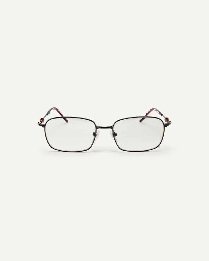 Face shot of Bonnie Clyde Dance Dance optical frames in black and red tortoise with clear lenses.